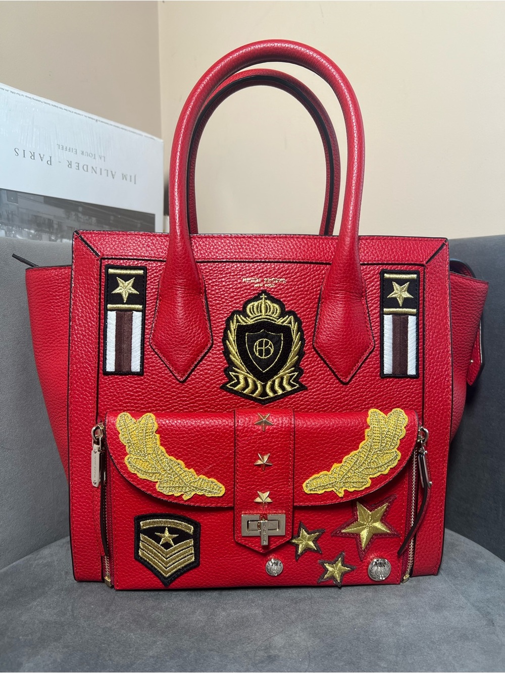 Red Embroidered Crest Tote with Gold Accents